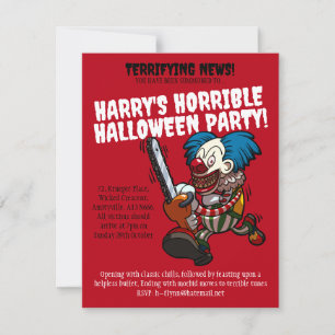 Colourful Chainsaw Clown Halloween Party Cartoon Invitation