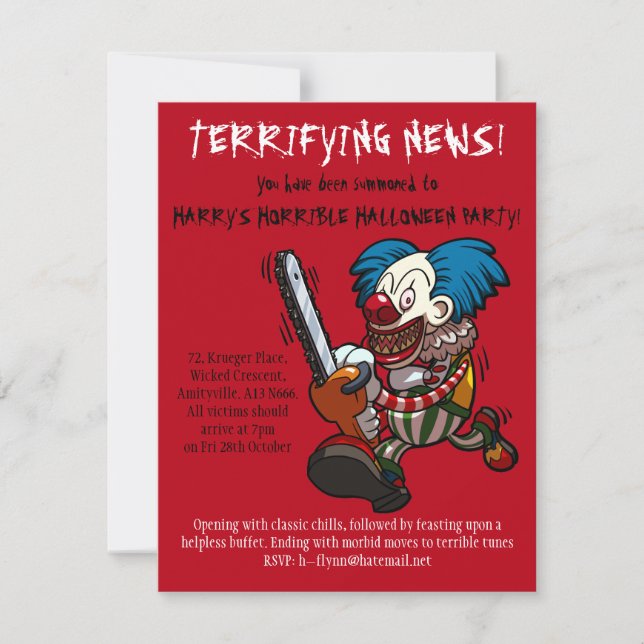 Colourful Chainsaw Clown Halloween Party Cartoon Invitation (Front)