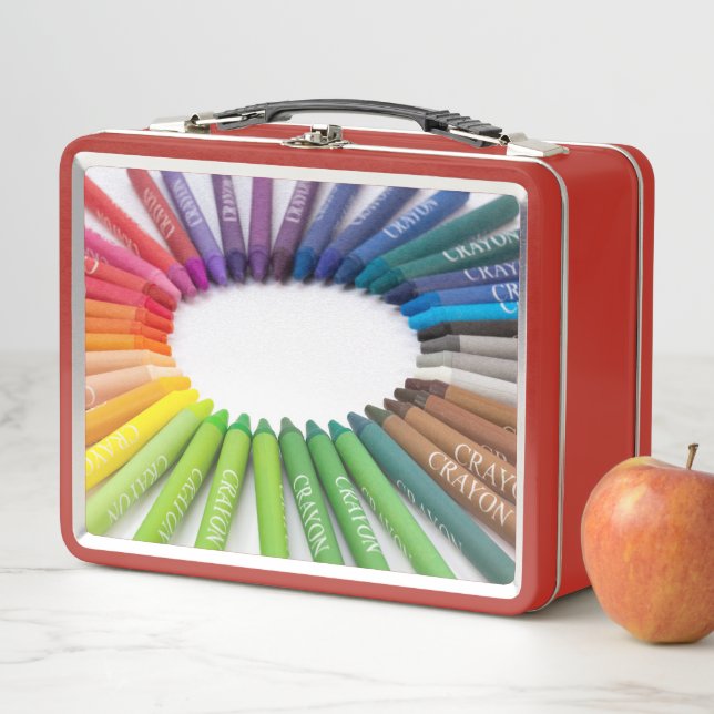 Colourful chalk crayons metal lunch box (In Situ)