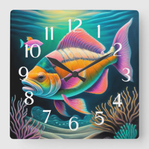 Colourful Chalk Drawing Reef Fish Pink Square Wall Clock