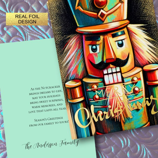Colourful Chalk Drawn Nutcracker Christmas Foil Holiday Card (Creator Uploaded)