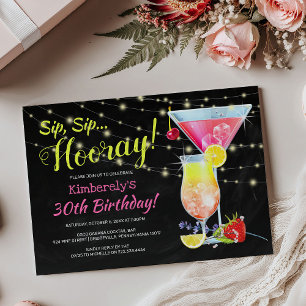 Colourful Chalkboard Sip Sip Hooray BIrthday Party Invitation