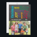 Colourful Chalkboard Typography Flat Photo Card<br><div class="desc">This unique customisable Christmas card features the trendy "chalkboard" look with colourful text that reads: "Merry Christmas, Joy to the World, Holly Jolly Yuletide, ". Upload 1 of your own photos and add your name and the year to this stylish flat photo Christmas card and it is ready to go!...</div>