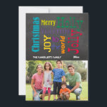 Colourful Chalkboard Typography Flat Photo Card<br><div class="desc">This unique customisable Christmas card features the trendy "chalkboard" look with colourful text that reads: "Merry Christmas, Joy to the World, Holly Jolly Yuletide, ". Upload 1 of your own photos and add your name and the year to this stylish flat photo Christmas card and it is ready to go!...</div>