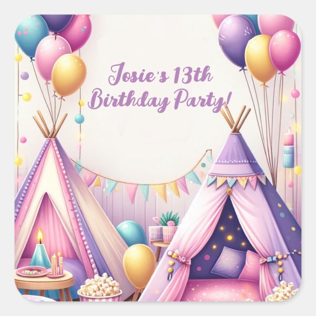 Colourful Charming Teepee Birthday Sleepover Party Square Sticker (Front)