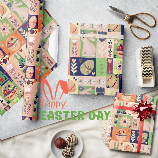 Colourful Cheerful Pink Green Bunny  Wrapping Paper (Colorful Cheerful Pink Green Bunny Wrapping Pape)