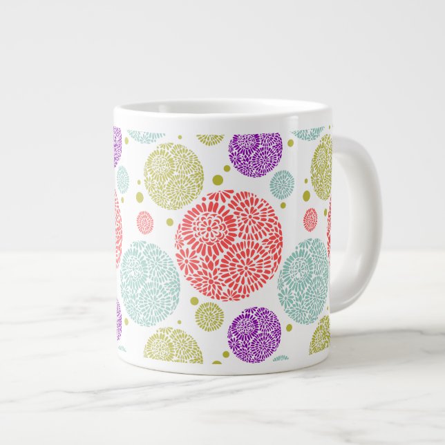 Colourful Cheerful Stylised Retro Floral Pattern Large Coffee Mug (Front Right)