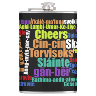 Colourful Cheers Toast in Many Languages Word Clou Hip Flask