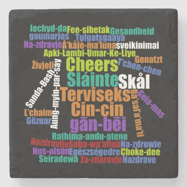 Colourful Cheers Toast in Many Languages Word Clou Stone Coaster (Front)