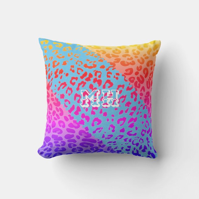 Colourful Cheetah Print Rainbow Initials Monogram  Cushion (Front)
