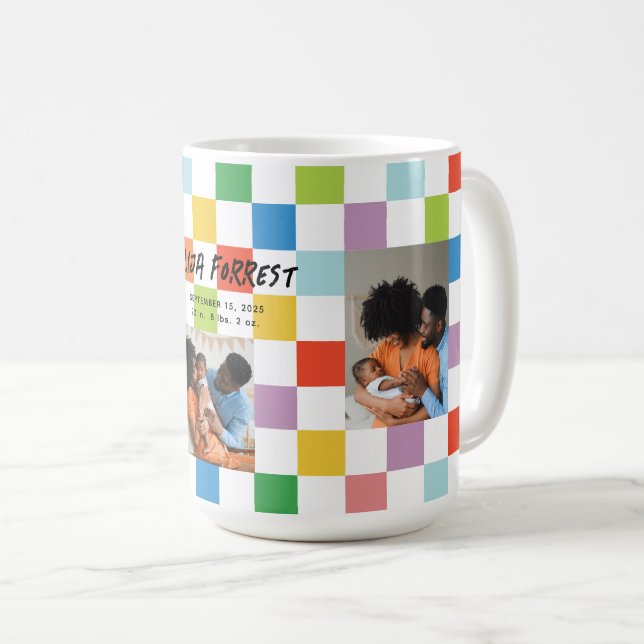 Colourful Chequerboard 3 Photo Baby Birth Stats Coffee Mug (Front Right)