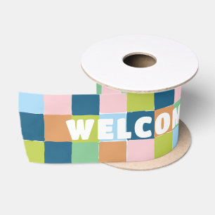Colourful Chequerboard Blocks with Custom Text Satin Ribbon