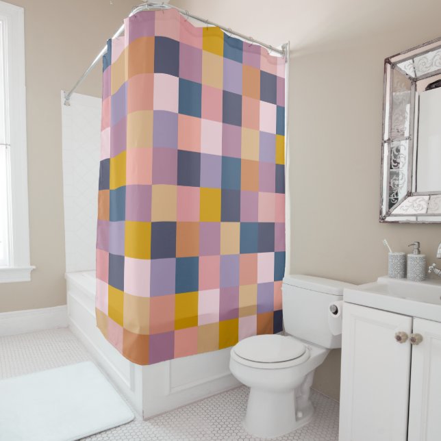 Colourful Chequerboard Geometric Earthy Purple Shower Curtain (In Situ)