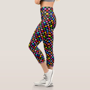 Colourful Chequered Pattern Design Black Capri Leggings