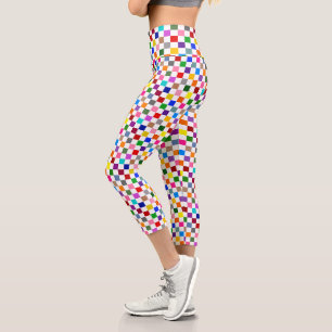 Colourful Chequered Pattern Design White Capri Leggings