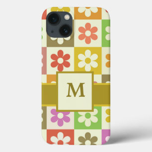 Colourful Chequered Retro Flowers Monogrammed iPhone 13 Case
