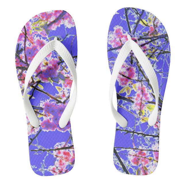 Colourful cherry blossom blue pink floral design flip flops (Footbed)