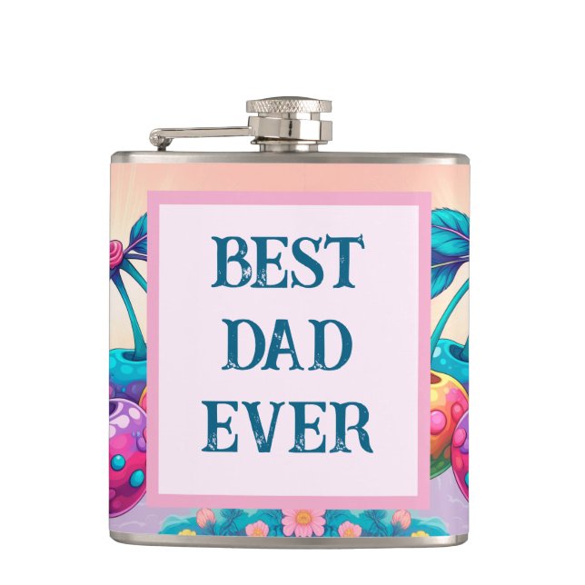 Colourful cherry with Best Dad Ever Hip Flask (Front)