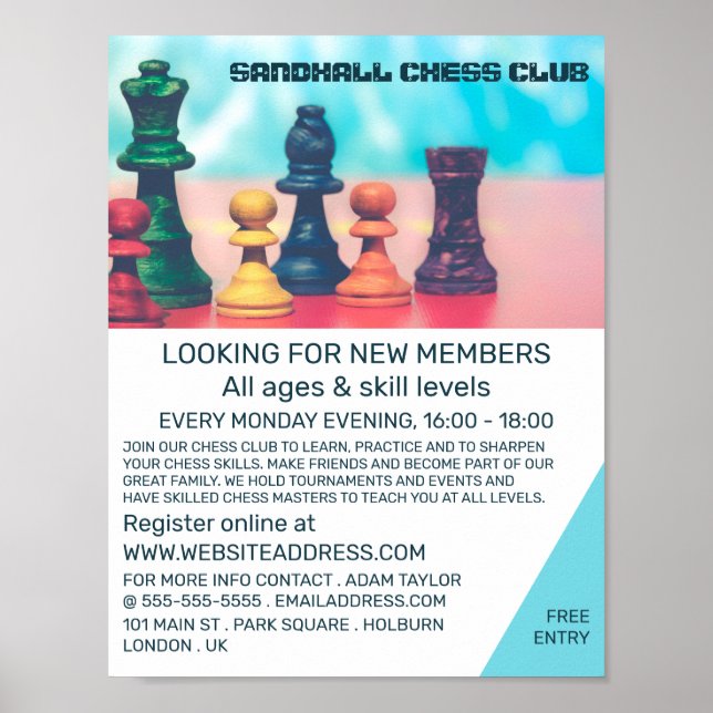 Colourful Chess Pieces, Chess Club Advertising Poster (Front)