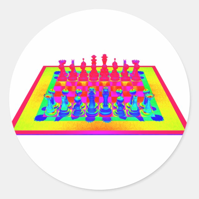 Colourful Chessboard & Chess Pieces Classic Round Sticker (Front)