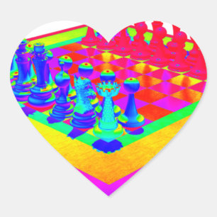 Colourful Chessboard & Chess Pieces Heart Sticker