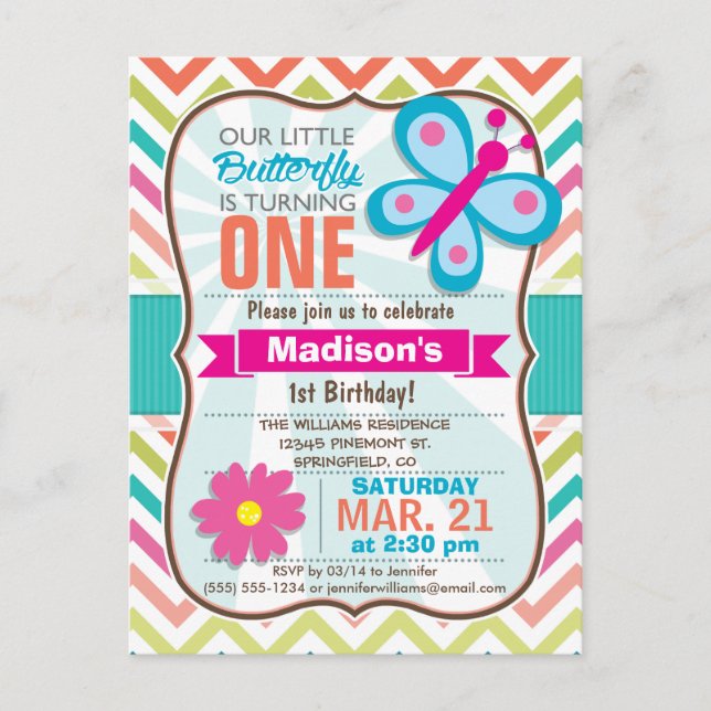 Colourful Chevron Butterfly Birthday Party Invitation Postcard (Front)