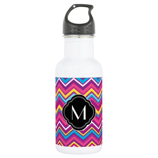 Colourful chevron pattern and monogram 532 ml water bottle (Front)