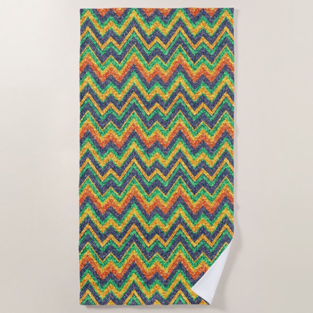 Colourful chevron pattern faux glitter texture beach towel (Front)