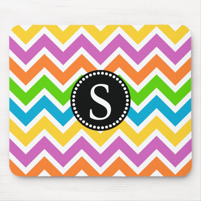 Colourful Chevron Pattern with Black Monogram Mouse Mat (Front)