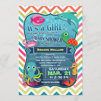 Colourful Chevron Sea Life, Girl Baby Shower Invitation