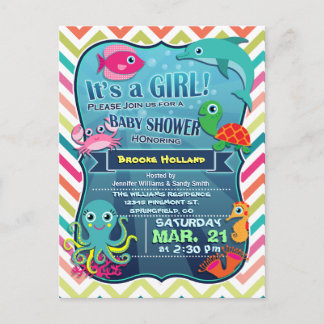 Colourful Chevron Sea Life, Girl Baby Shower Invitation Postcard