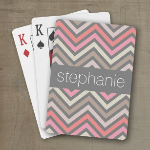 Colourful Chevrons Pink Coral Grey Custom Name Playing Cards