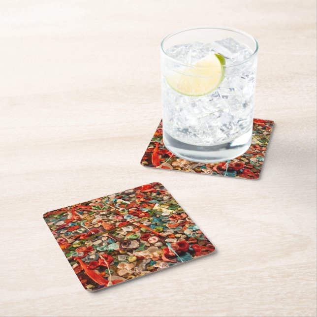 Colourful Chewed Gum Square Paper Coaster (Insitu)