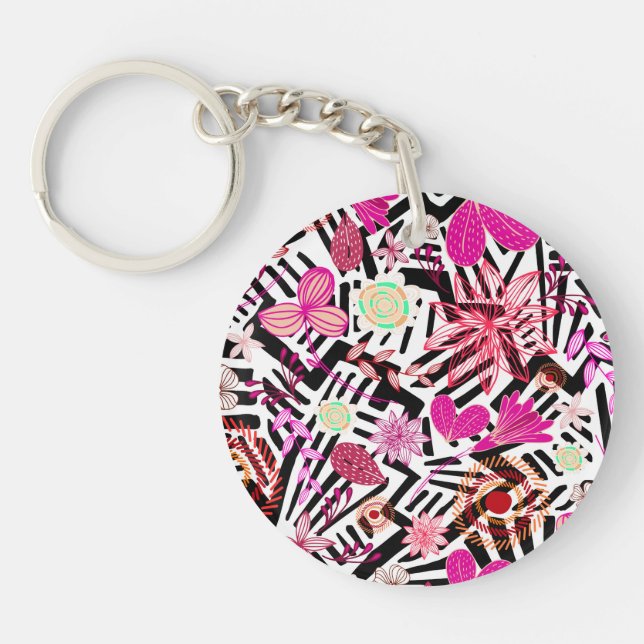 Colourful chic black white flowers pattern key ring (Front)
