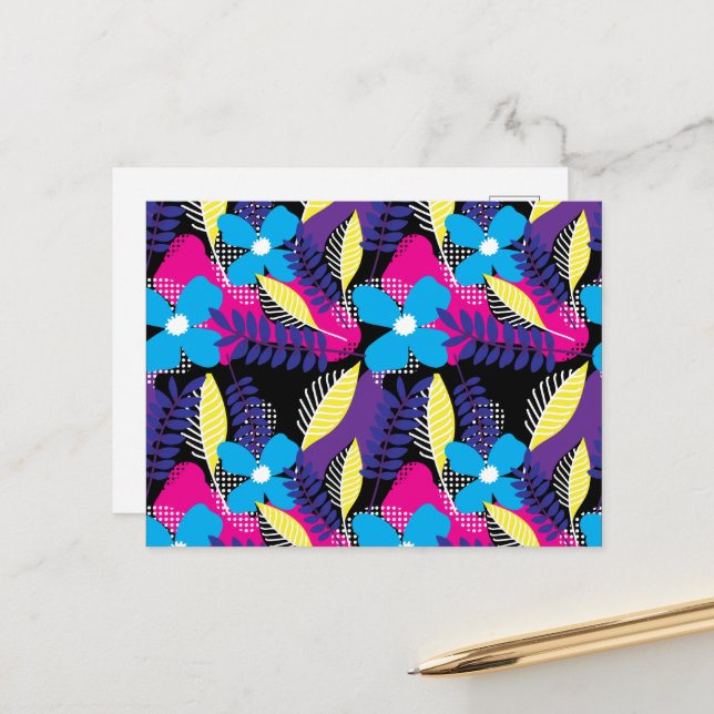 Colourful Chic Floral & Dot Pattern with Leaves Po Postcard (Front/Back In Situ)