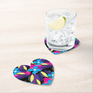 Colourful Chic Floral & Dot Pattern with Leaves Sq Paper Coaster