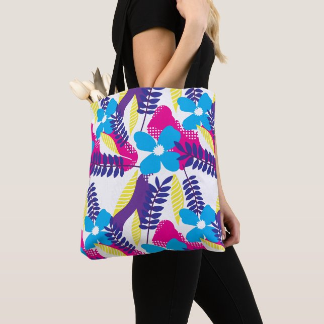 Colourful Chic Floral & Dot Pattern with Leaves Tote Bag (Close Up)