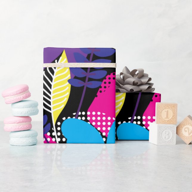 Colourful Chic Floral & Dot Pattern with Leaves Wr Wrapping Paper (Baby Shower)