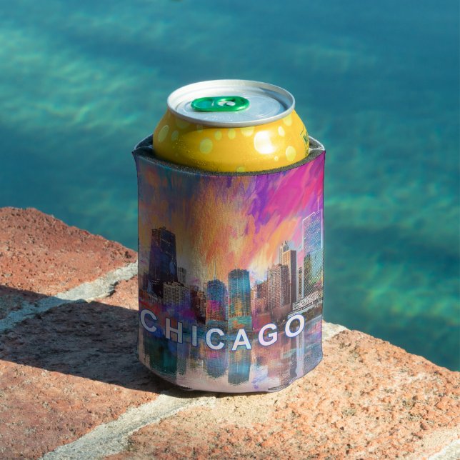 Colourful Chicago Skyline Abstract Art Can Cooler (In Situ Pool)