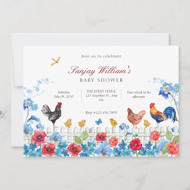 Colourful chick farm garden baby shower invitation (Front)