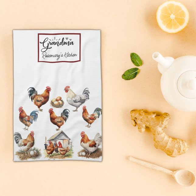 Colourful Chicken and Rooster Grandma Tea Towel (Creator Uploaded)