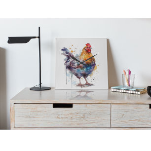 Colourful chicken in watercolor square wall clock