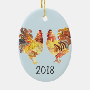 Colourful Chicken Pair Keepsake Year Ceramic Tree Decoration