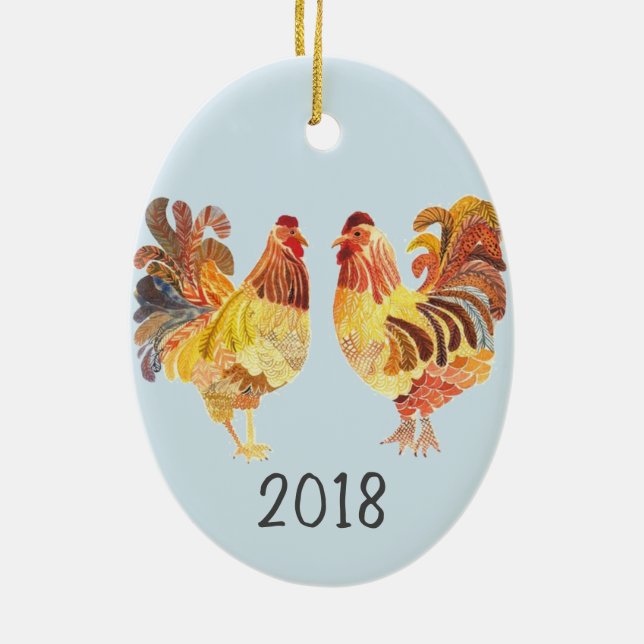 Colourful Chicken Pair Keepsake Year Ceramic Tree Decoration (Back)