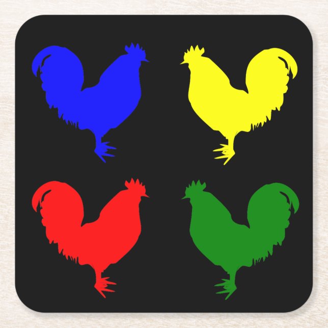 Colourful Chicken Square Paper Coaster (Front)