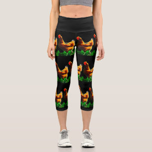 Colourful Chickens Brown Red Green Capri Leggings