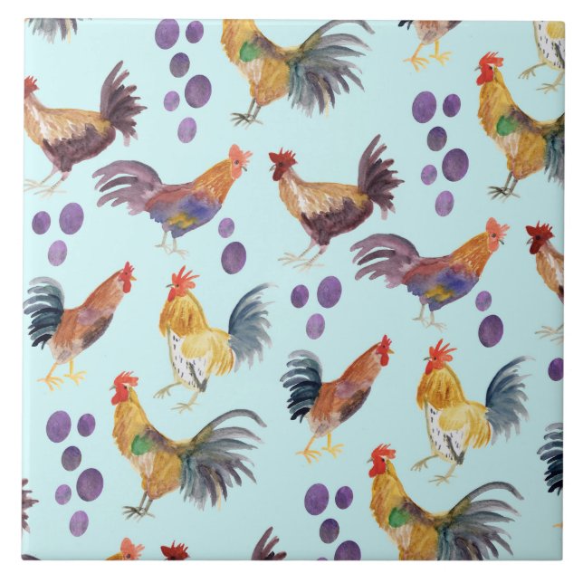 Colourful Chickens & Eggs Pattern Watercolor Blue Tile (Front)