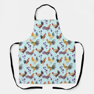 Colourful Chickens & Eggs Watercolor Pattern Blue Apron