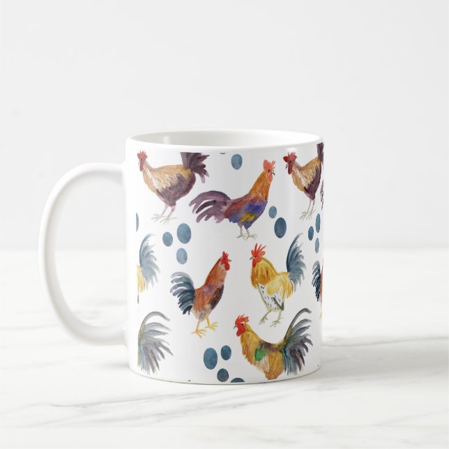 Colourful Chickens & Eggs Watercolor Pattern  Coffee Mug (Left)