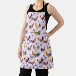 Colourful Chickens & Eggs Watercolor Pattern Purpl Apron